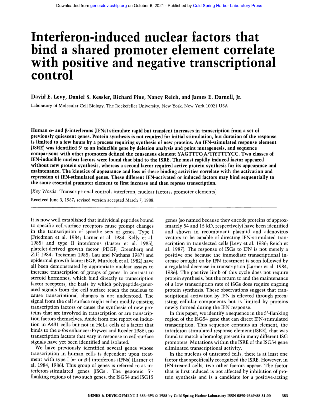 Interferon-Induced Nuclear Factors That Bind a Shared Promoter Element Correlate with Positive and Negative Transcriptional Control