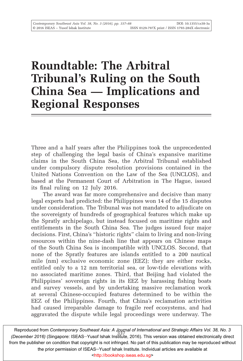 Roundtable: the Arbitral Tribunal's Ruling on the South China