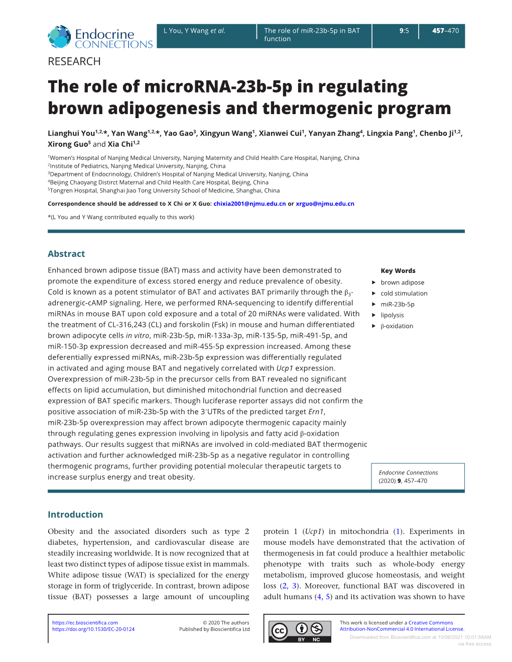 The Role of Microrna-23B-5P in Regulating Brown Adipogenesis and Thermogenic Program