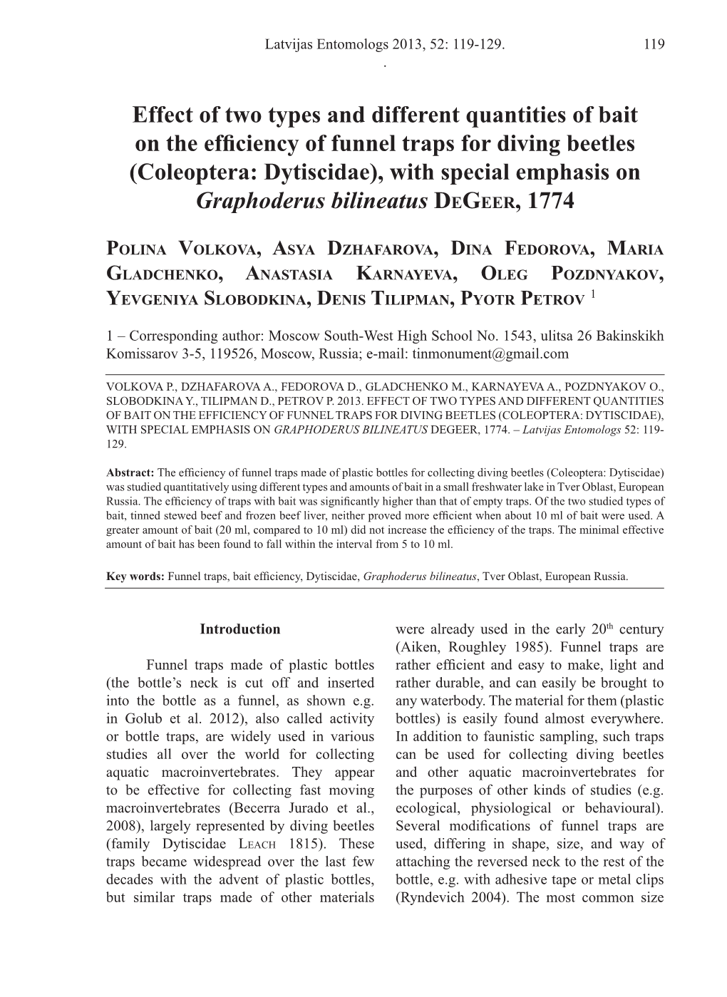 Coleoptera: Dytiscidae), with Special Emphasis on Graphoderus Bilineatus Degeer, 1774