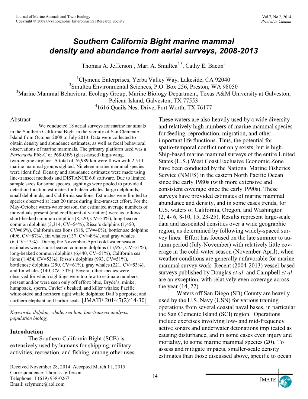 Southern California Bight Marine Mammal Density and Abundance from Aerial Surveys, 2008-2013