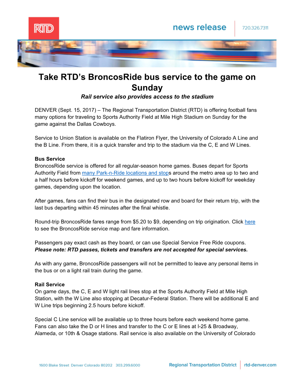 Take RTD's Broncosride Bus Service to the Game on Sunday