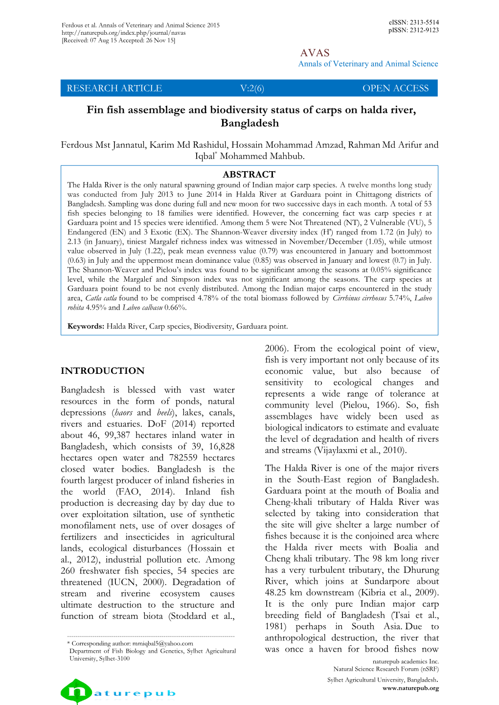 Fin Fish Assemblage and Biodiversity Status of Carps on Halda River, Bangladesh