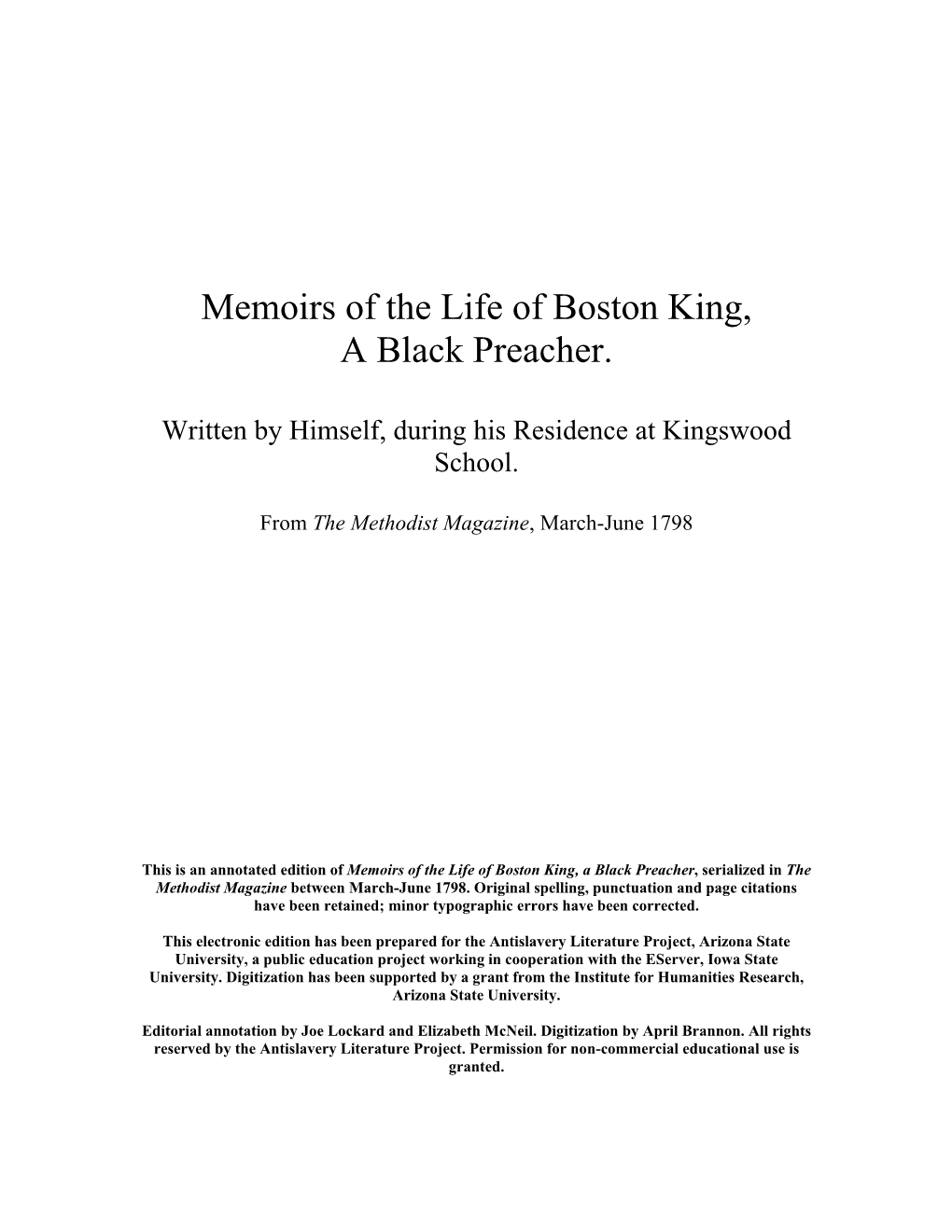 Memoirs of the Life of Boston King, a Black Preacher