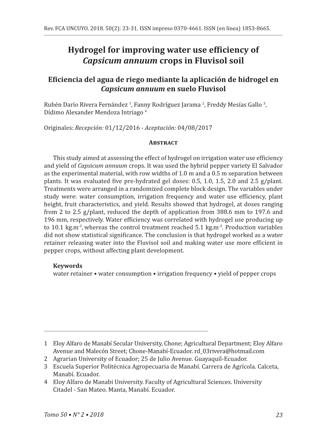 Hydrogel for Improving Water Use Efficiency of Capsicum Annuum Crops in Fluvisol Soil