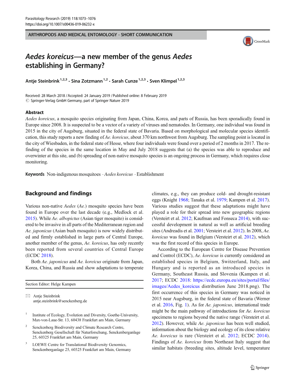 Aedes Koreicus—A New Member of the Genus Aedes Establishing in Germany?