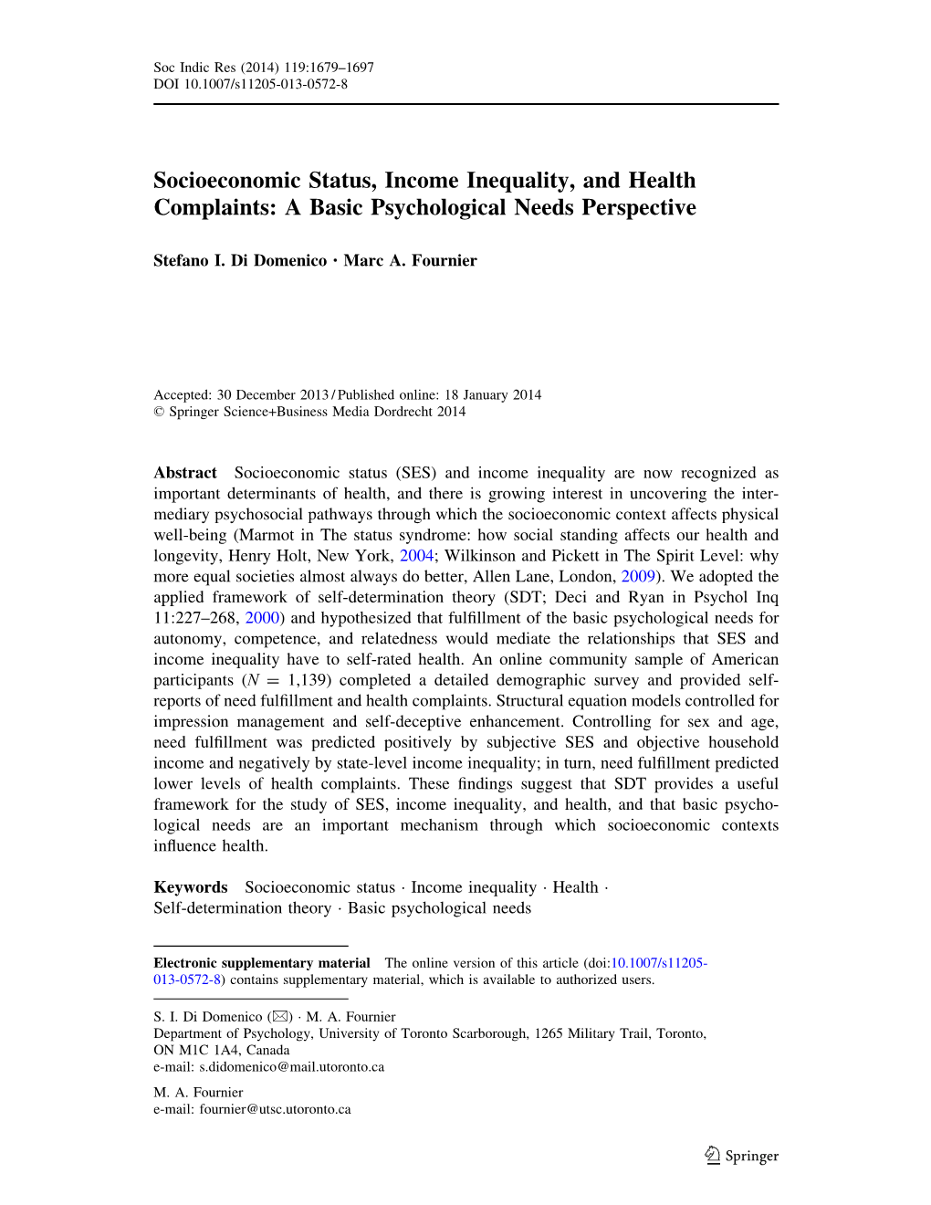 Socioeconomic Status, Income Inequality, and Health Complaints: a Basic Psychological Needs Perspective