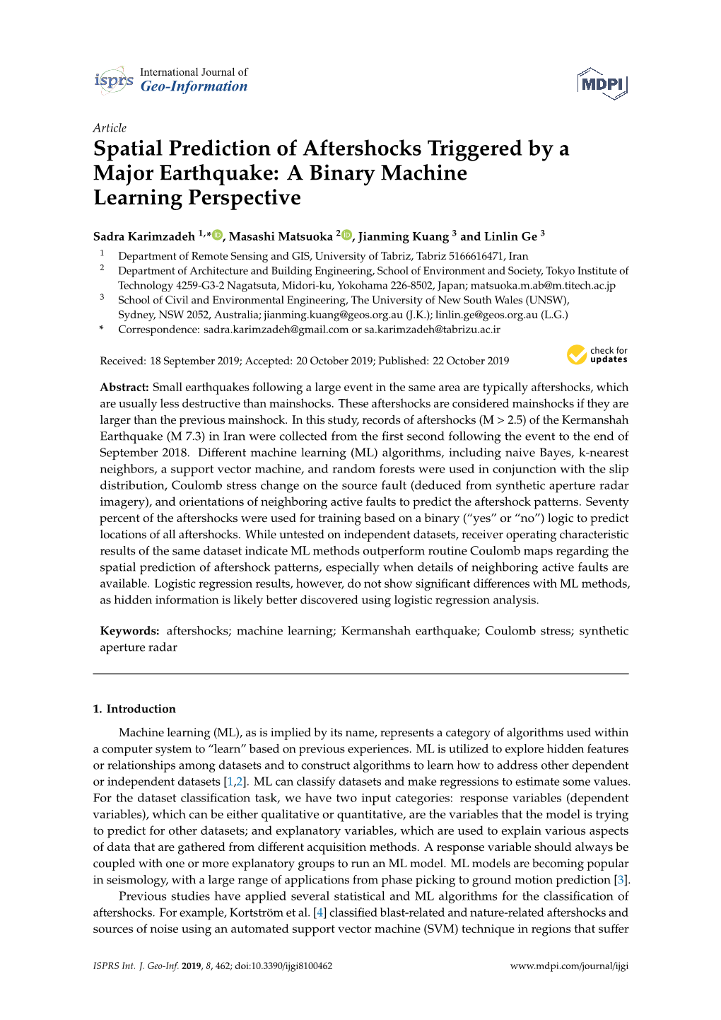 Spatial Prediction of Aftershocks Triggered by a Major Earthquake: a Binary Machine Learning Perspective