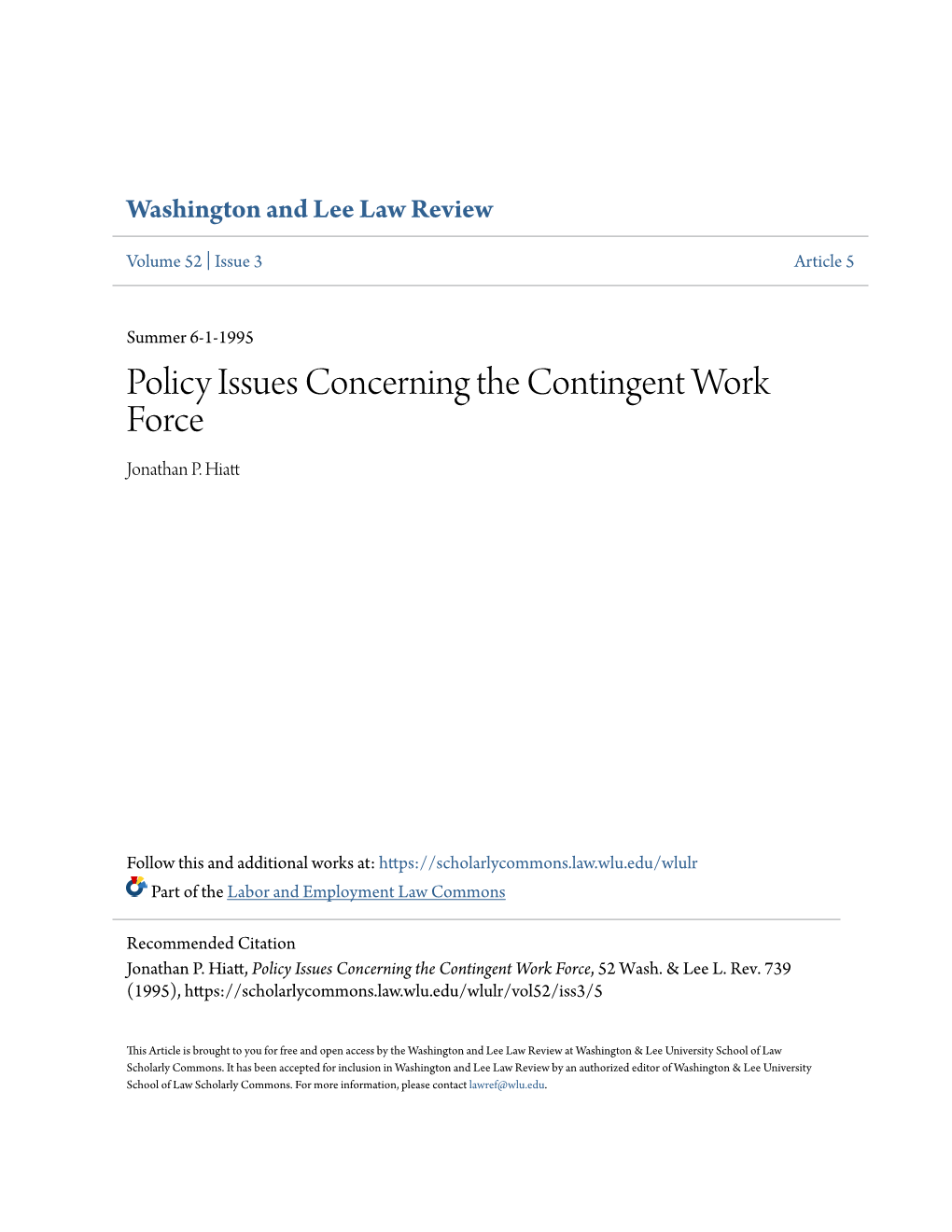 Policy Issues Concerning the Contingent Work Force Jonathan P