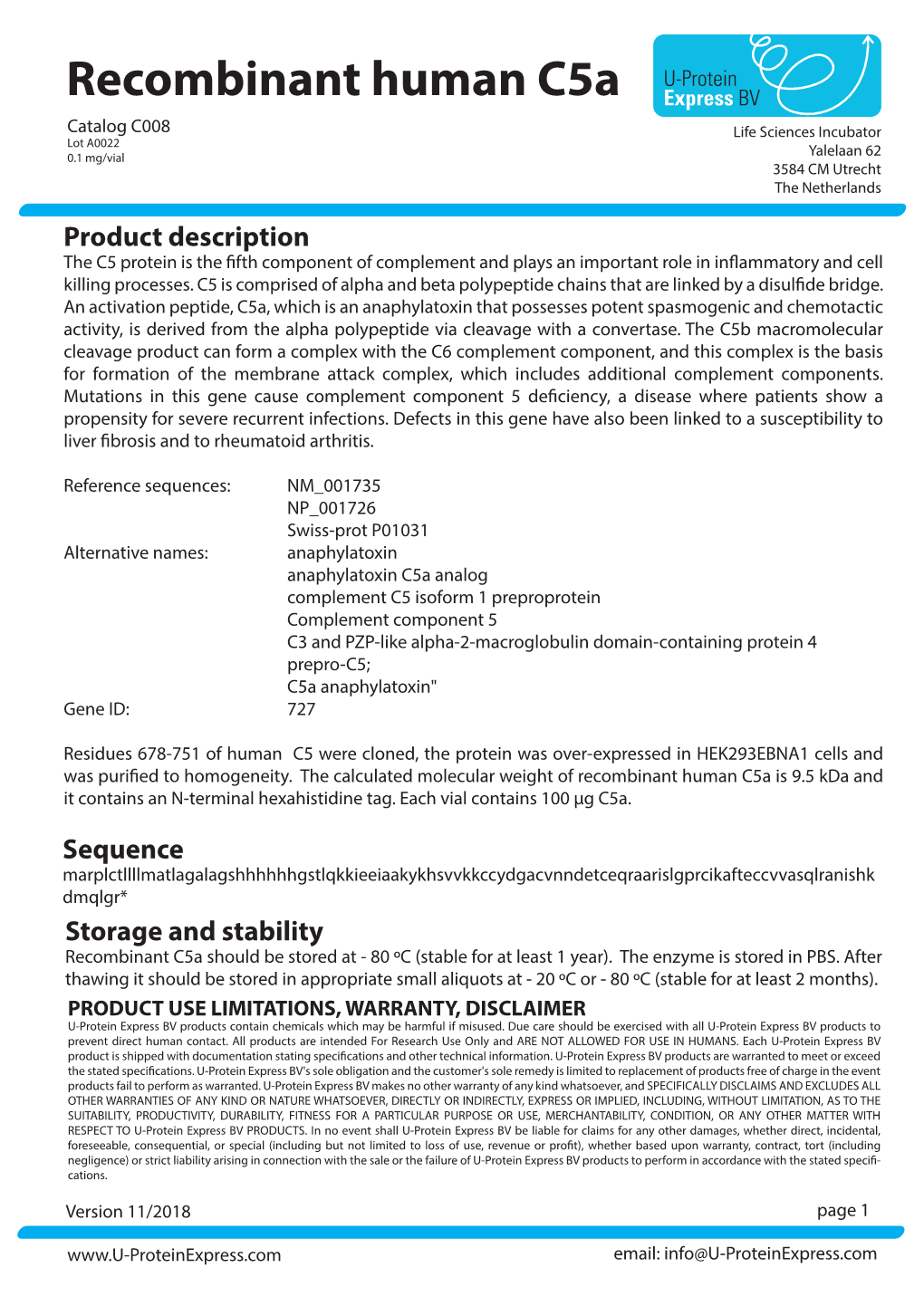 Recombinant Human C5a