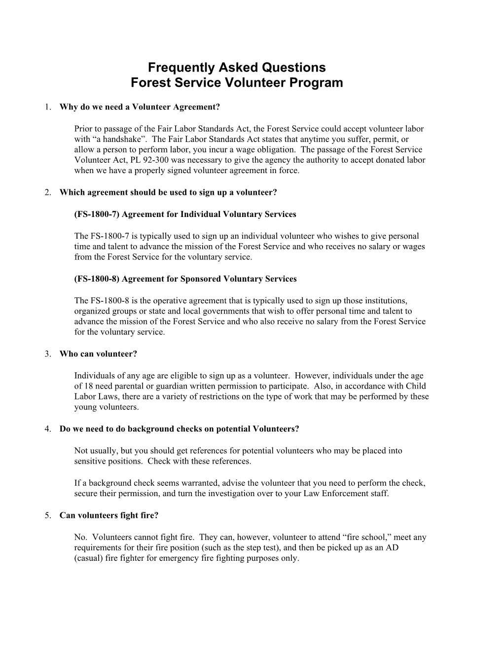 Frequently Asked Questions Forest Service Volunteer Program