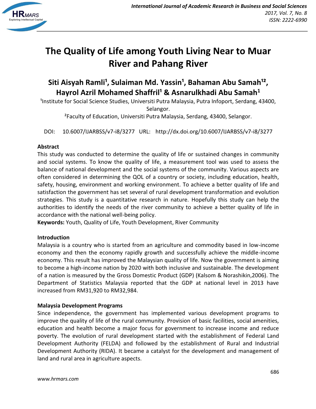 The Quality of Life Among Youth Living Near to Muar River and Pahang River