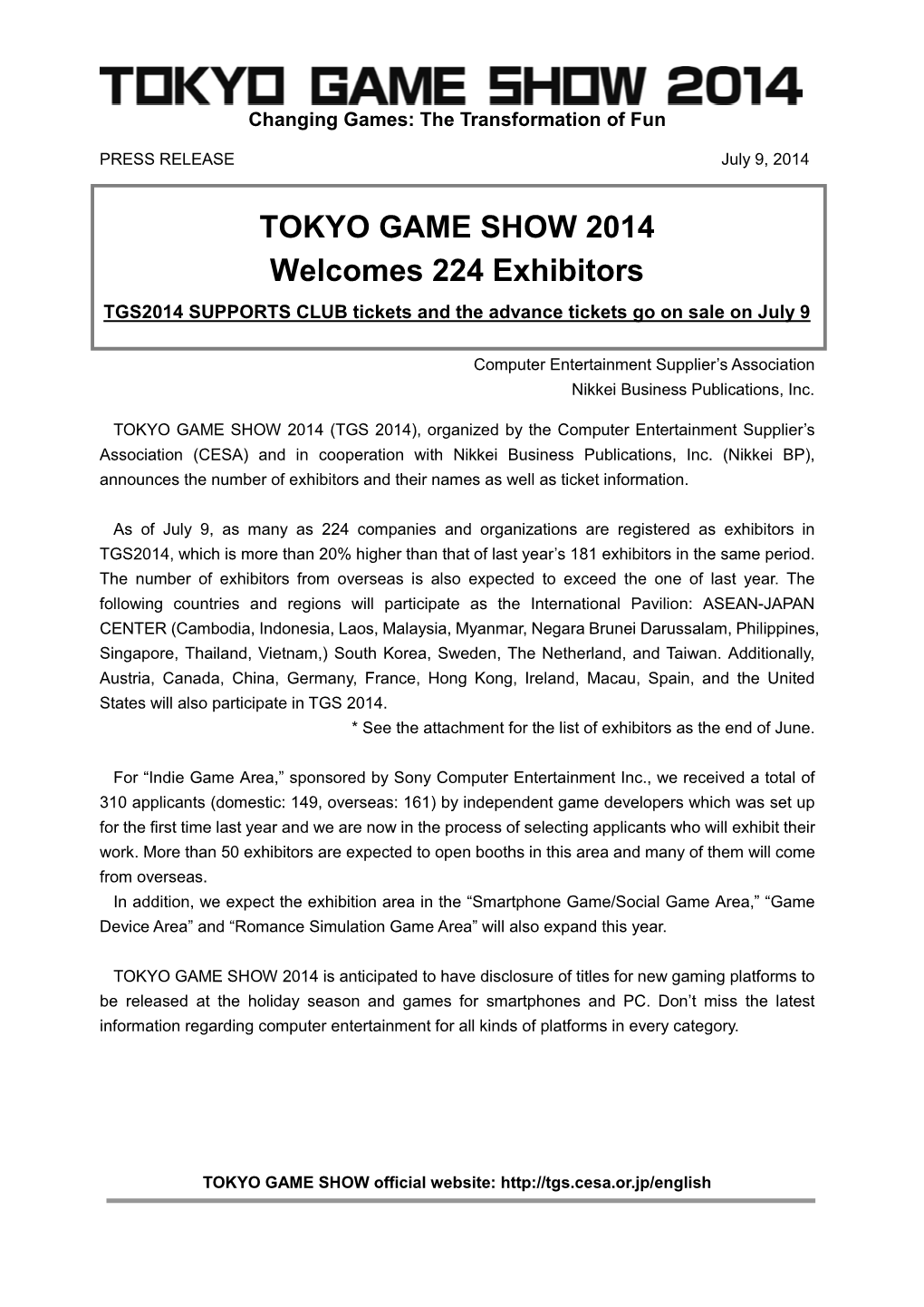 TOKYO GAME SHOW 2014 Welcomes 224 Exhibitors