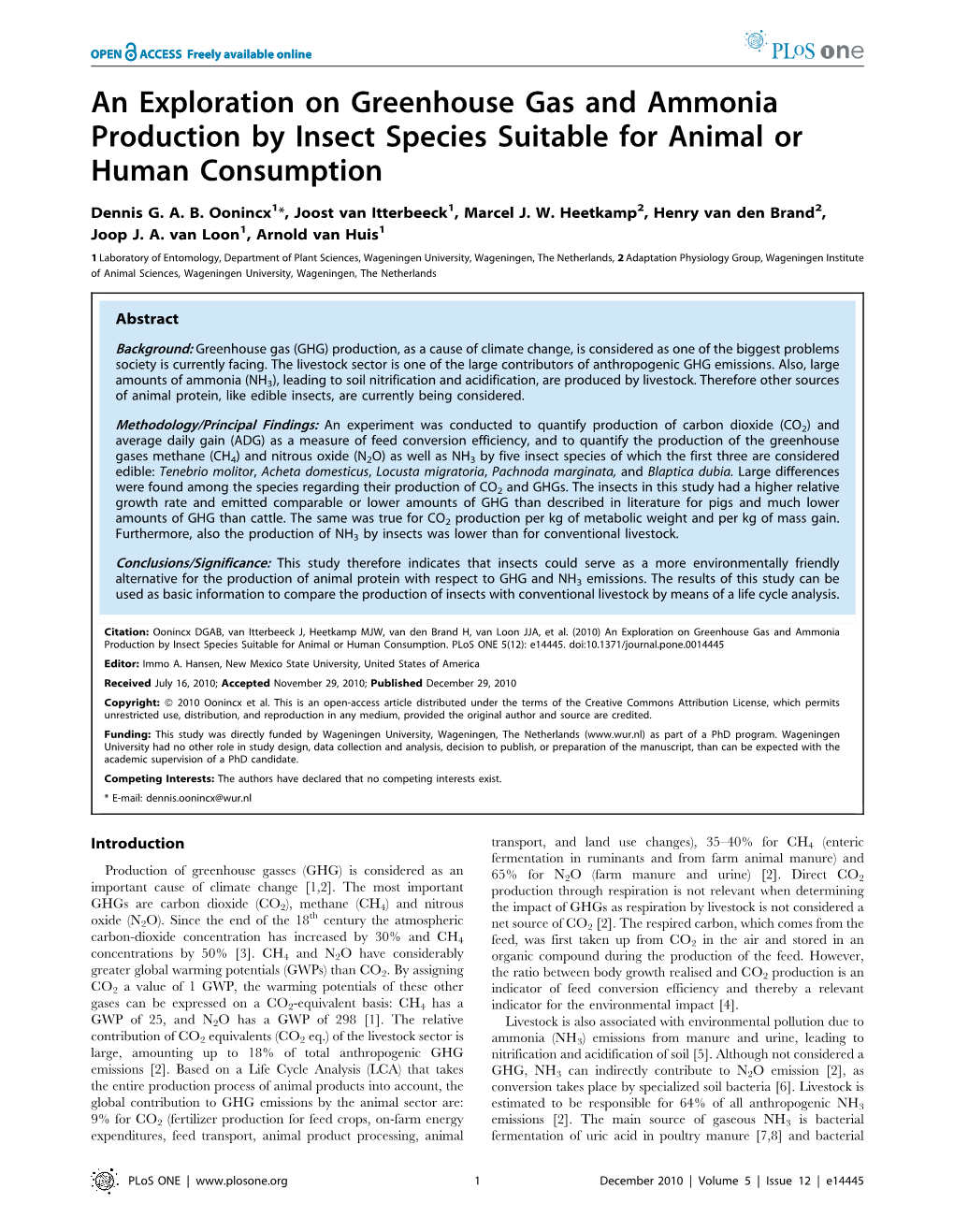 An Exploration on Greenhouse Gas and Ammonia Production by Insect Species Suitable for Animal Or Human Consumption