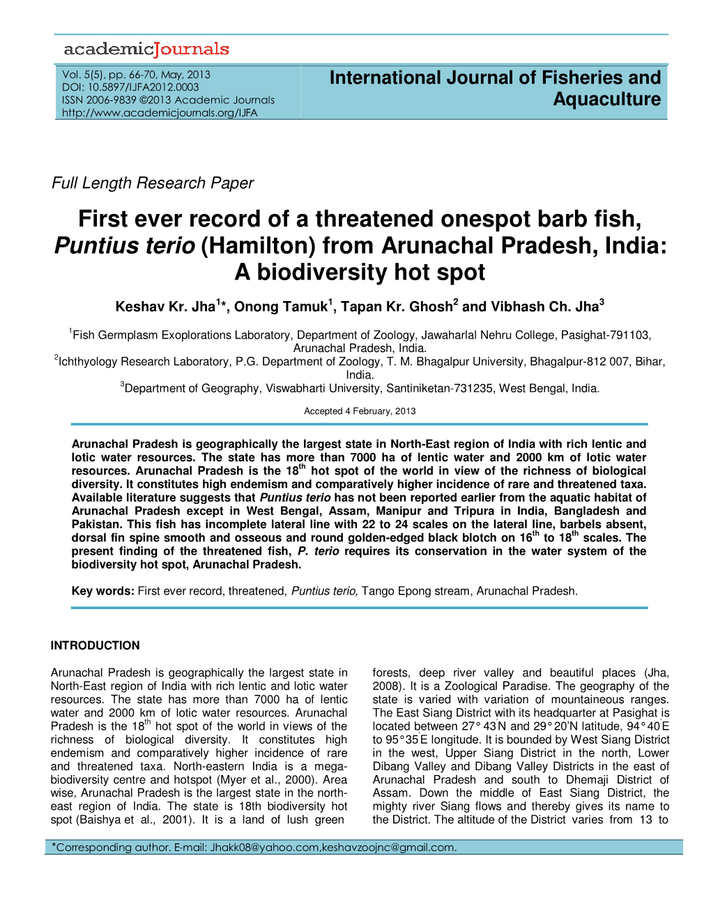 First Ever Record of a Threatened Onespot Barb Fish, Puntius Terio (Hamilton) from Arunachal Pradesh, India: a Biodiversity Hot Spot