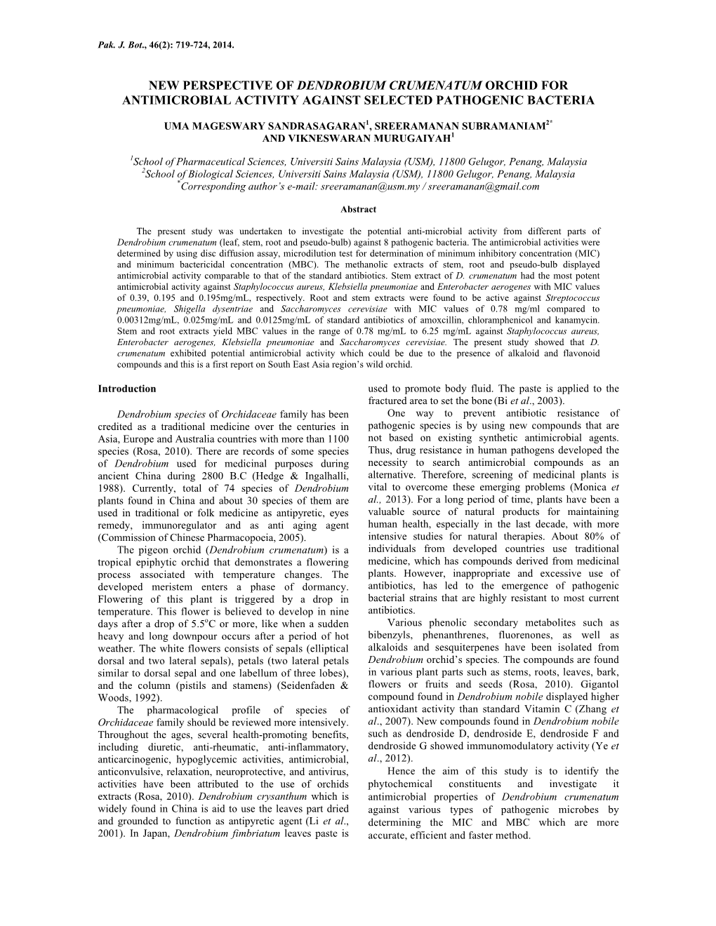 New Perspective of Dendrobium Crumenatum Orchid for Antimicrobial Activity Against Selected Pathogenic Bacteria