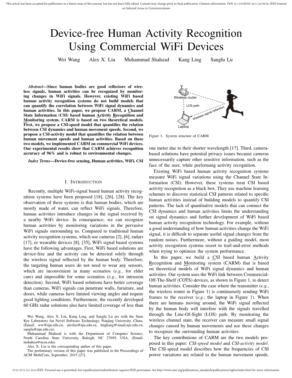 Device-Free Human Activity Recognition Using Commercial Wifi Devices Wei Wang Alex X