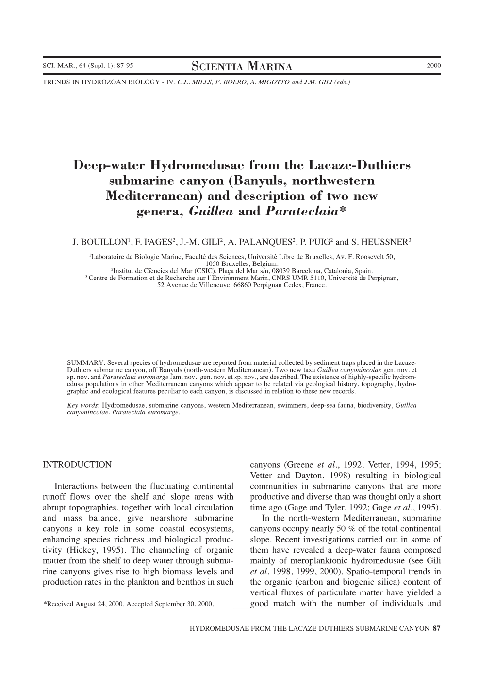 Deep-Water Hydromedusae from the Lacaze-Duthiers Submarine Canyon (Banyuls, Northwestern Mediterranean) and Description of Two New Genera, Guillea and Parateclaia*