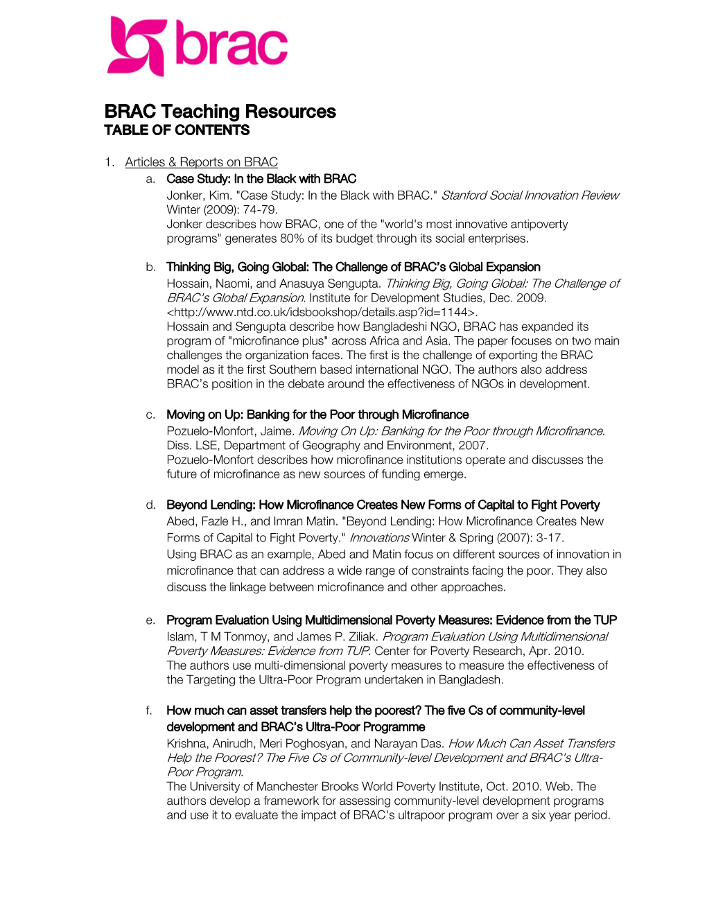 BRAC Teaching Resources TABLE of CONTENTS