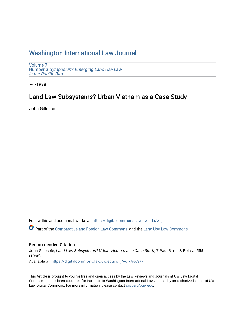 Land Law Subsystems? Urban Vietnam As a Case Study