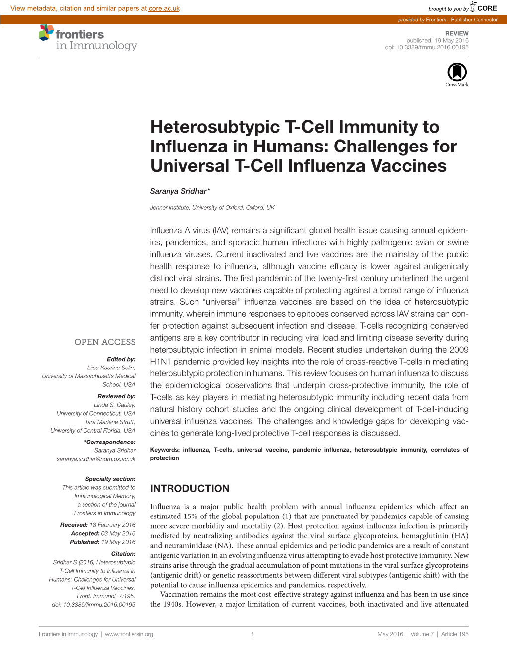 Heterosubtypic T-Cell Immunity to Influenza in Humans: Challenges for Universal T-Cell Influenza Vaccines