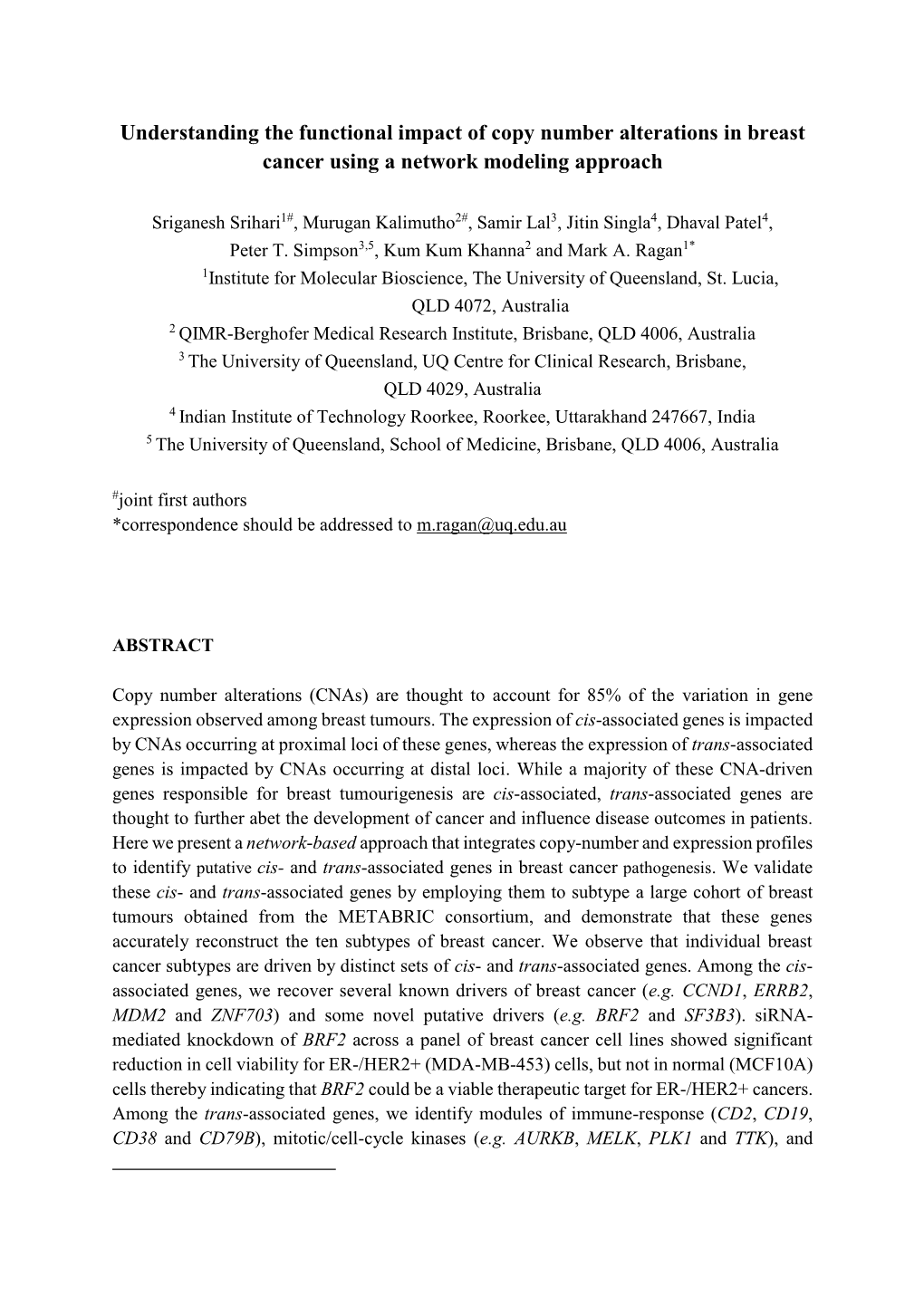 Understanding the Functional Impact of Copy Number Alterations in Breast Cancer Using a Network Modeling Approach