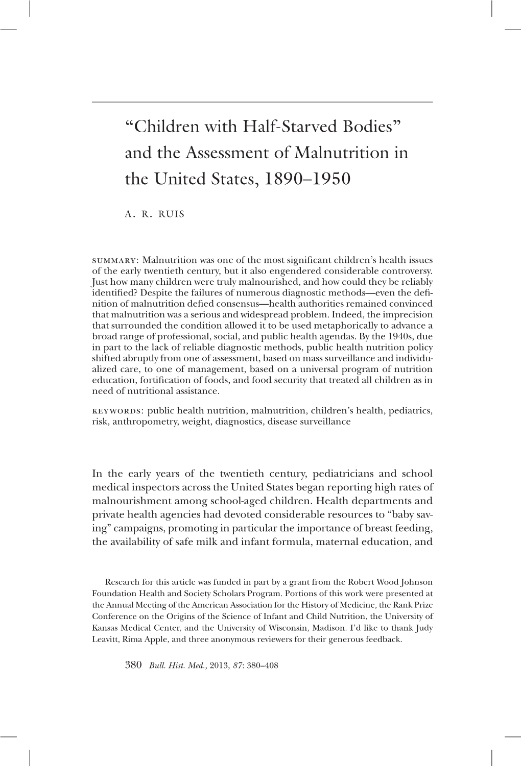 And the Assessment of Malnutrition in the United States, 1890–1950