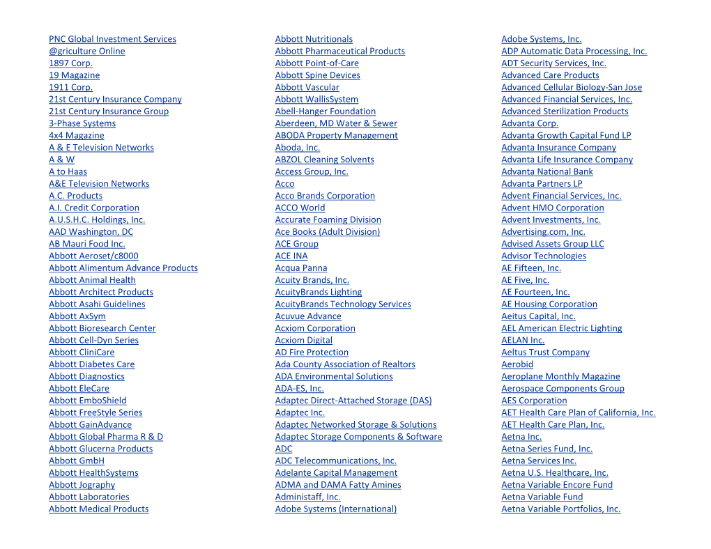 PNC Global Investment Services Abbott Nutritionals Adobe Systems, Inc