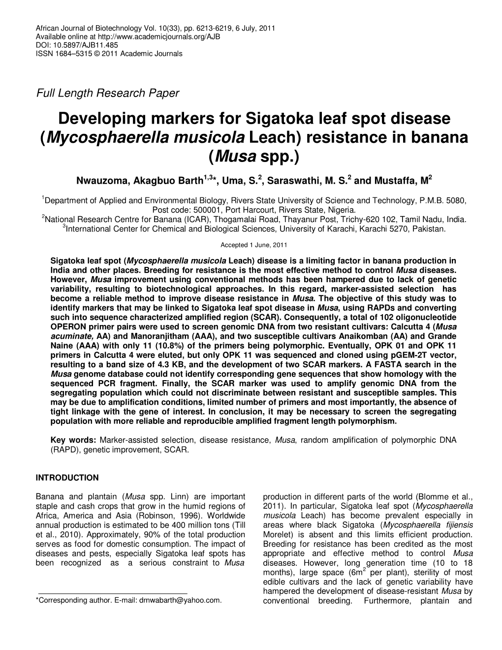 Developing Markers for Sigatoka Leaf Spot Disease (Mycosphaerella Musicola Leach) Resistance in Banana (Musa Spp.)