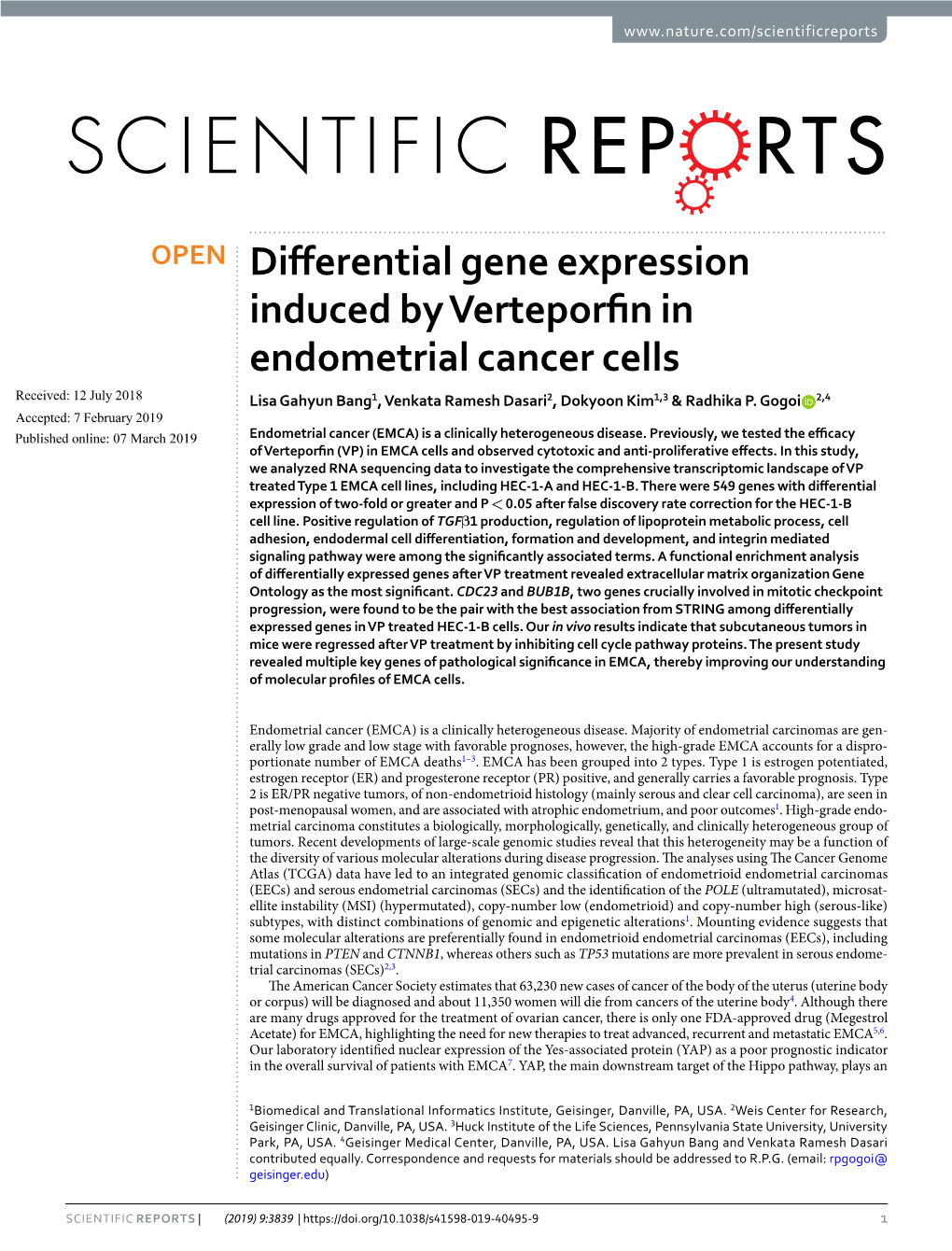 Differential Gene Expression Induced by Verteporfin in Endometrial