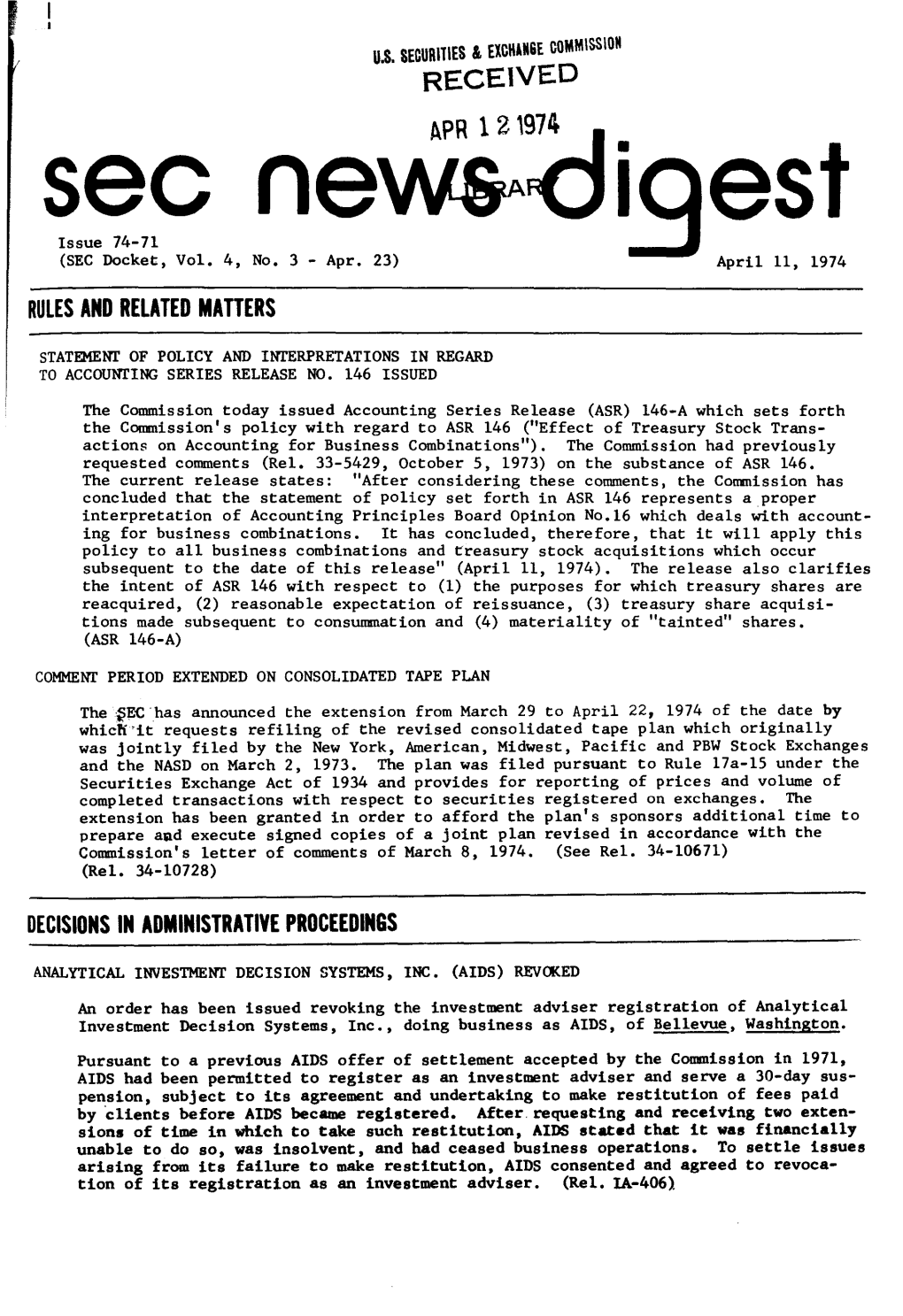 SEC News Digest, 04-11-1974