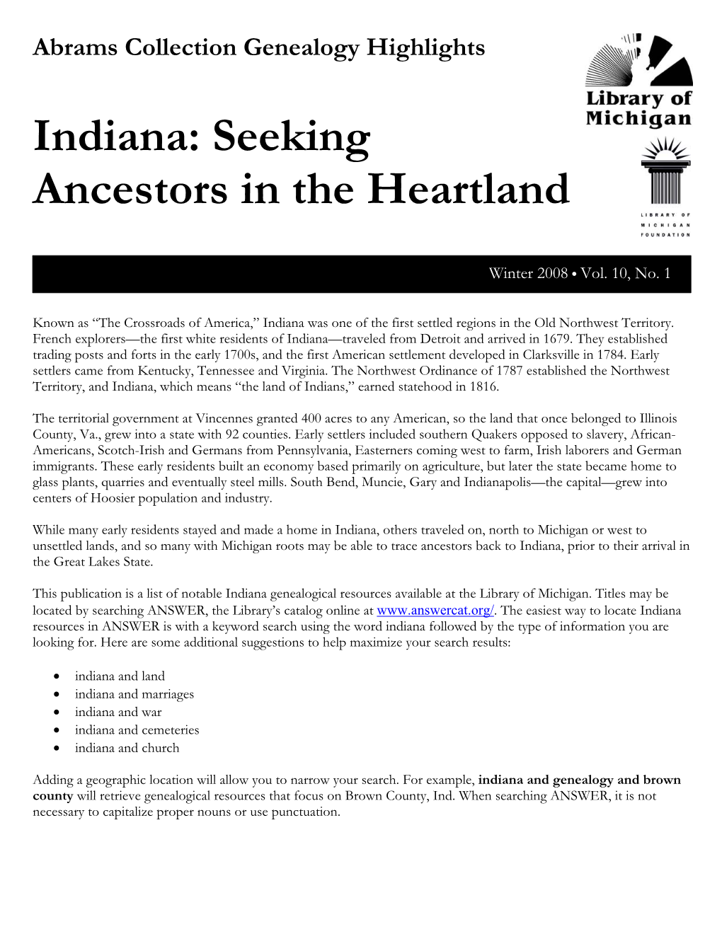 Indiana: Seeking Ancestors in the Heartland