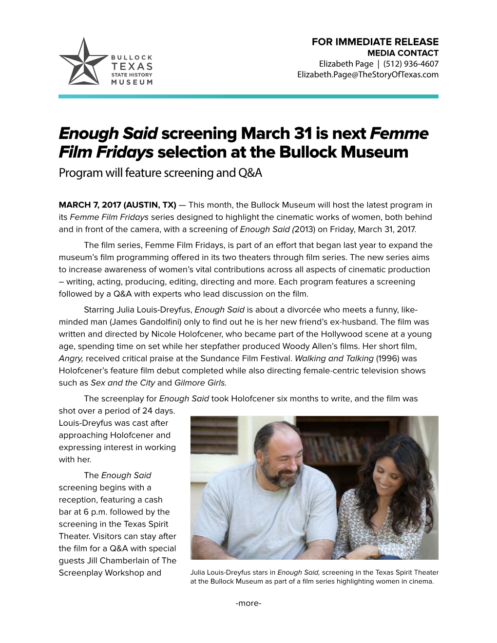 Enough Said Screening March 31 Is Next Femme Film Fridays Selection at the Bullock Museum Program Will Feature Screening and Q&A