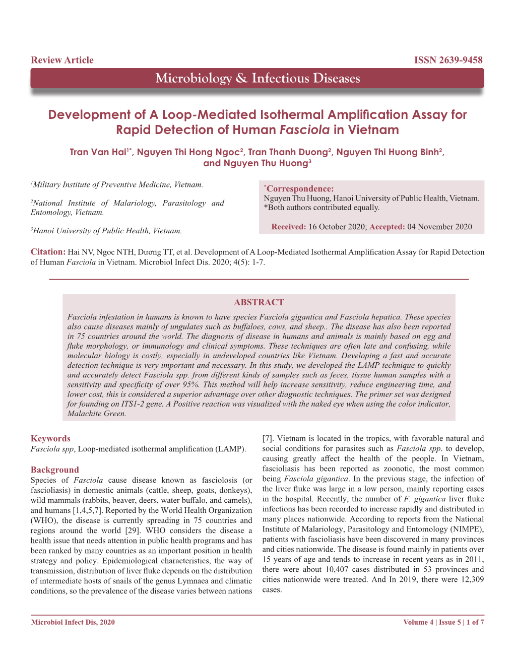 Development of a Loop-Mediated Isothermal Amplification Assay for Rapid Detection of Human Fasciola in Vietnam