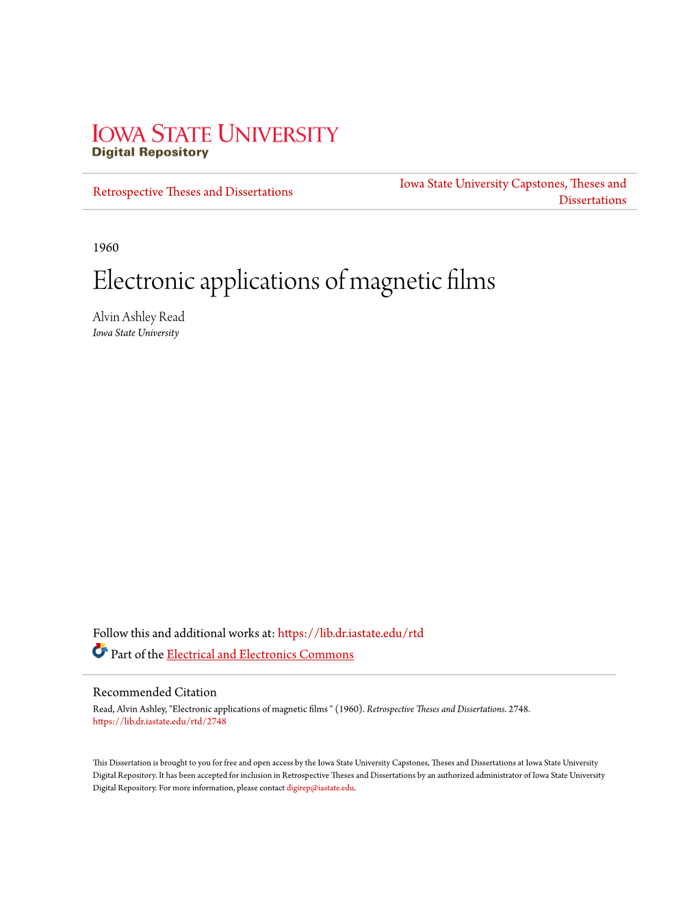 Electronic Applications of Magnetic Films Alvin Ashley Read Iowa State University