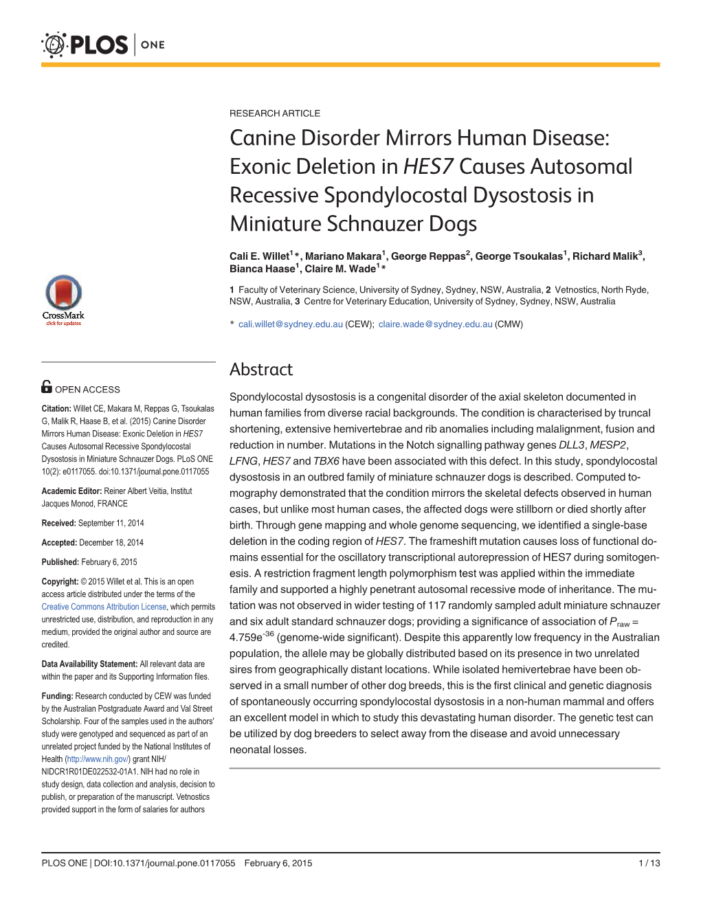 Exonic Deletion in HES7 Causes Autosomal Recessive Spondylocostal Dysostosis in Miniature Schnauzer Dogs