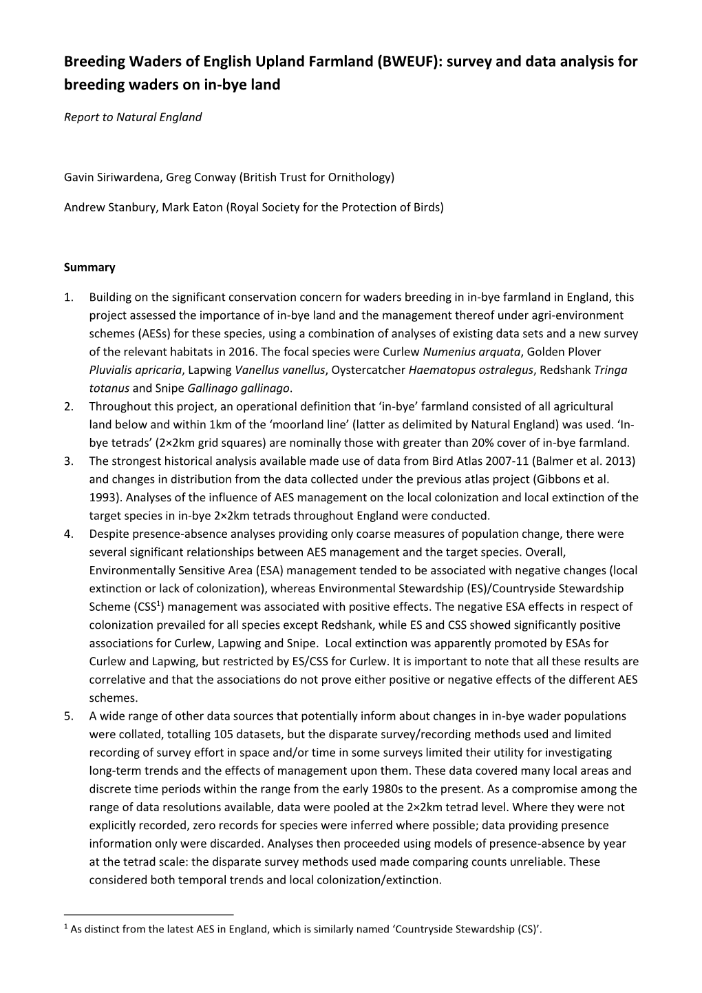 Breeding Waders of English Upland Farmland (BWEUF): Survey and Data Analysis for Breeding Waders on In-Bye Land