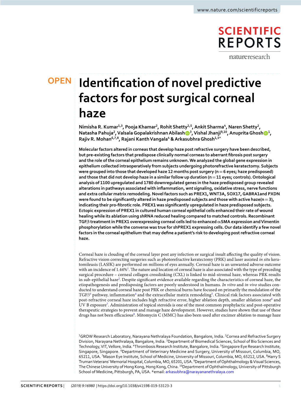Identification of Novel Predictive Factors for Post Surgical Corneal Haze