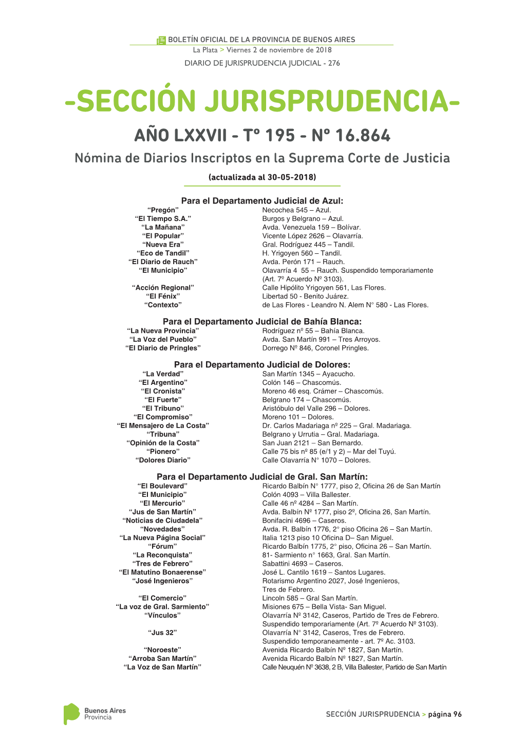 SECCIÓN JURISPRUDENCIA- AÑO LXXVII - Tº 195 - Nº 16.864 Nómina De Diarios Inscriptos En La Suprema Corte De Justicia (Actualizada Al 30-05-2018)