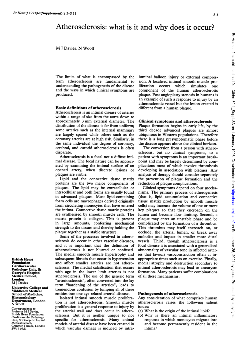 Atherosclerosis: What Is It and Why Does It Occur? Br Heart J: First Published As 10.1136/Hrt.69.1 Suppl.S3 on 1 January 1993