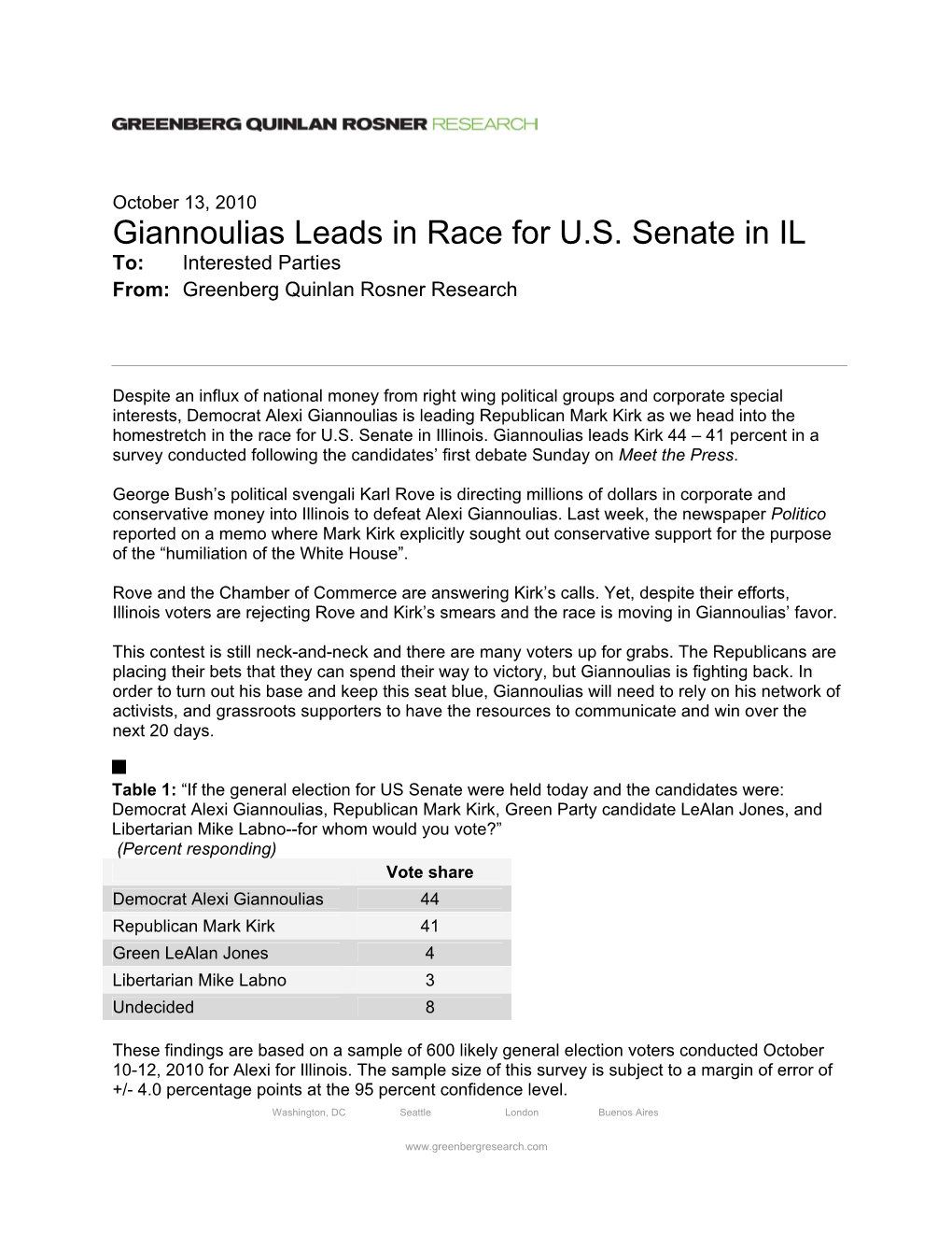 Giannoulias Leads in Race for US Senate in IL