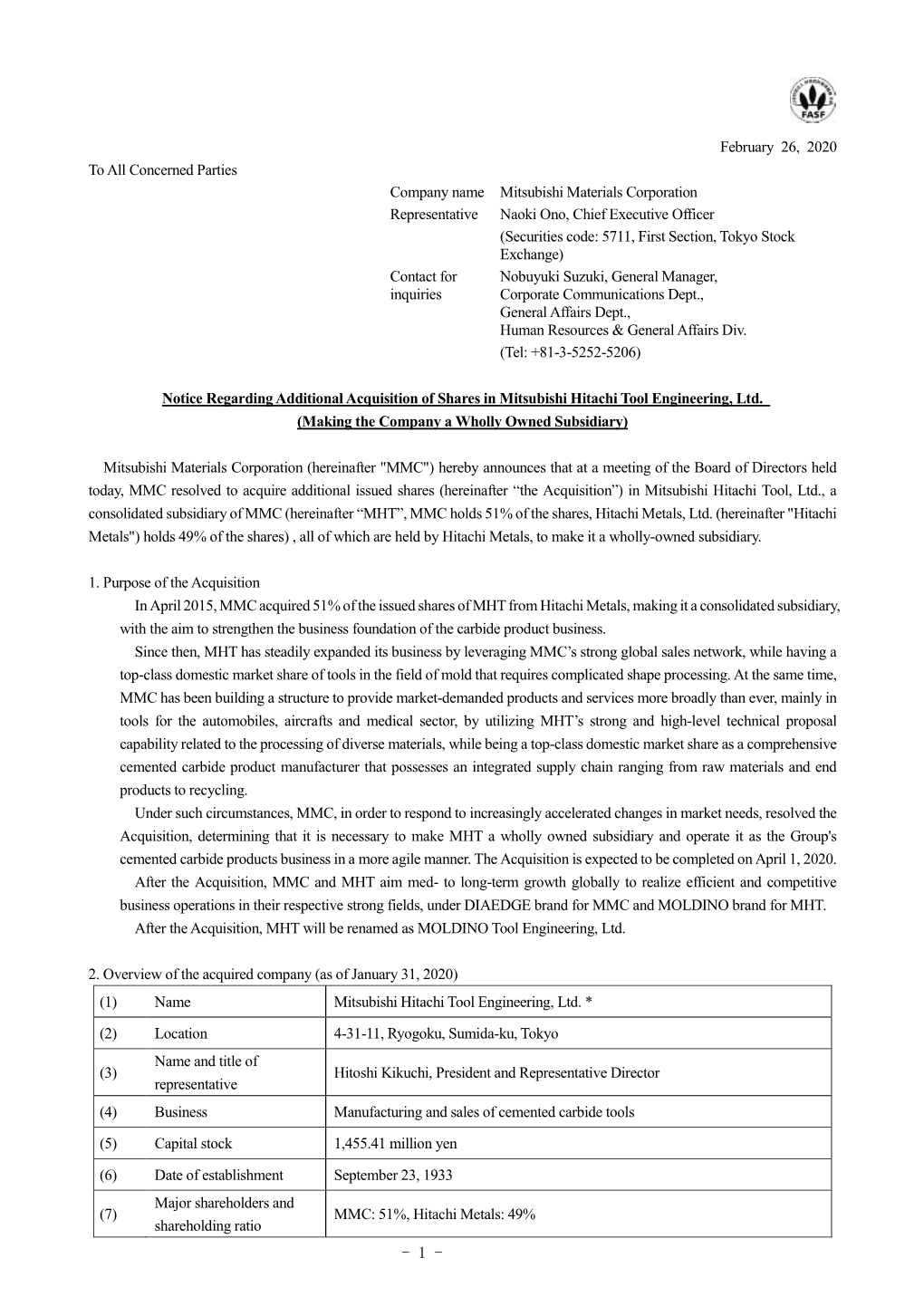 February 26, 2020 to All Concerned Parties Company Name Mitsubishi Materials Corporation Representative Naoki Ono, Chief Execut