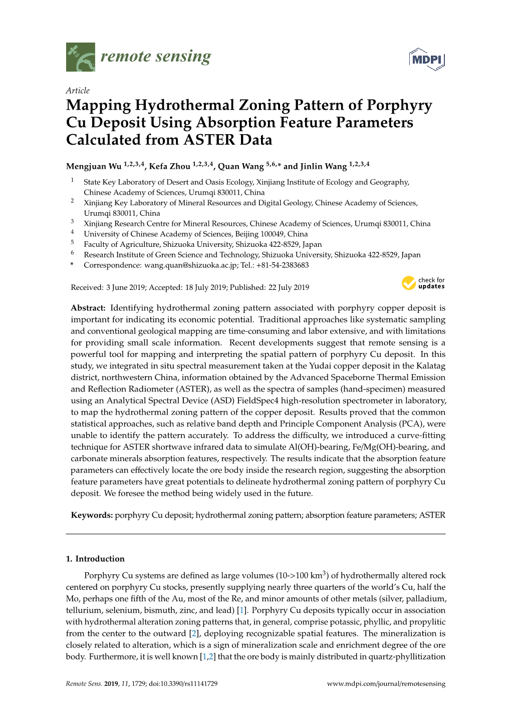 Mapping Hydrothermal Zoning Pattern of Porphyry Cu Deposit Using Absorption Feature Parameters Calculated from ASTER Data