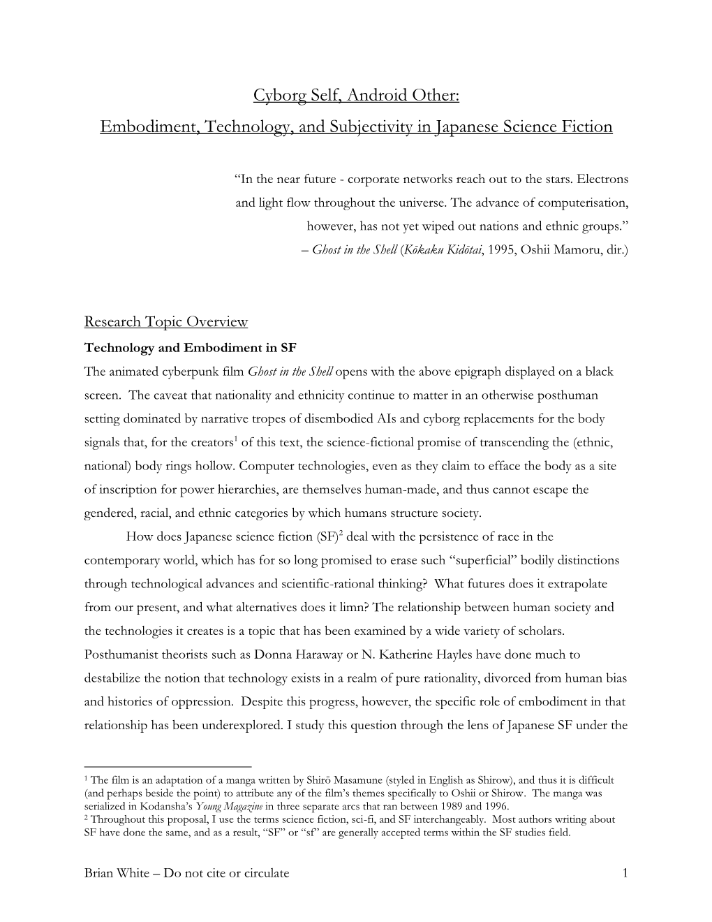 Cyborg Self, Android Other: Embodiment, Technology, and Subjectivity in Japanese Science Fiction