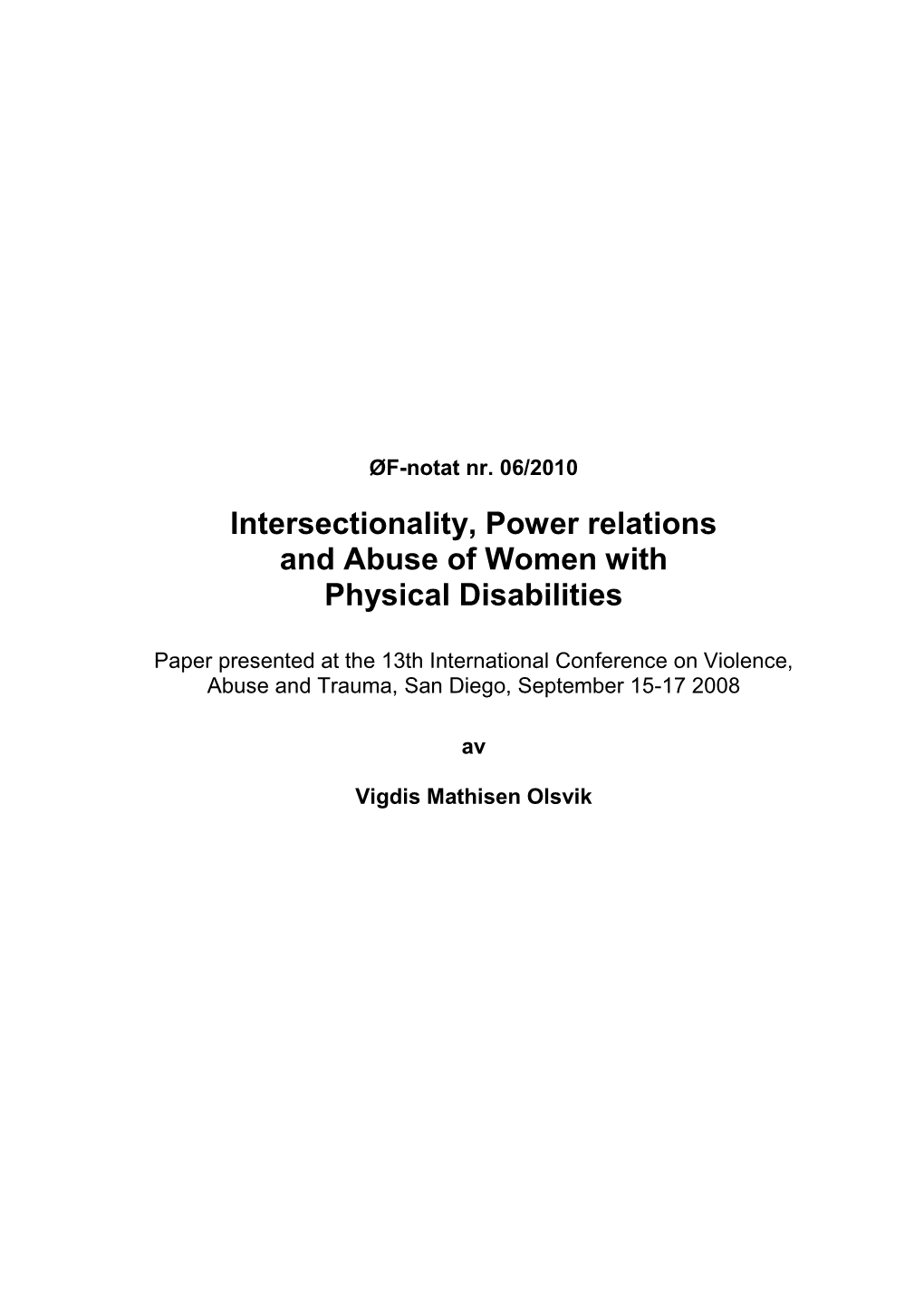 Intersectionality, Power Relations and Abuse of Women with Physical Disabilities