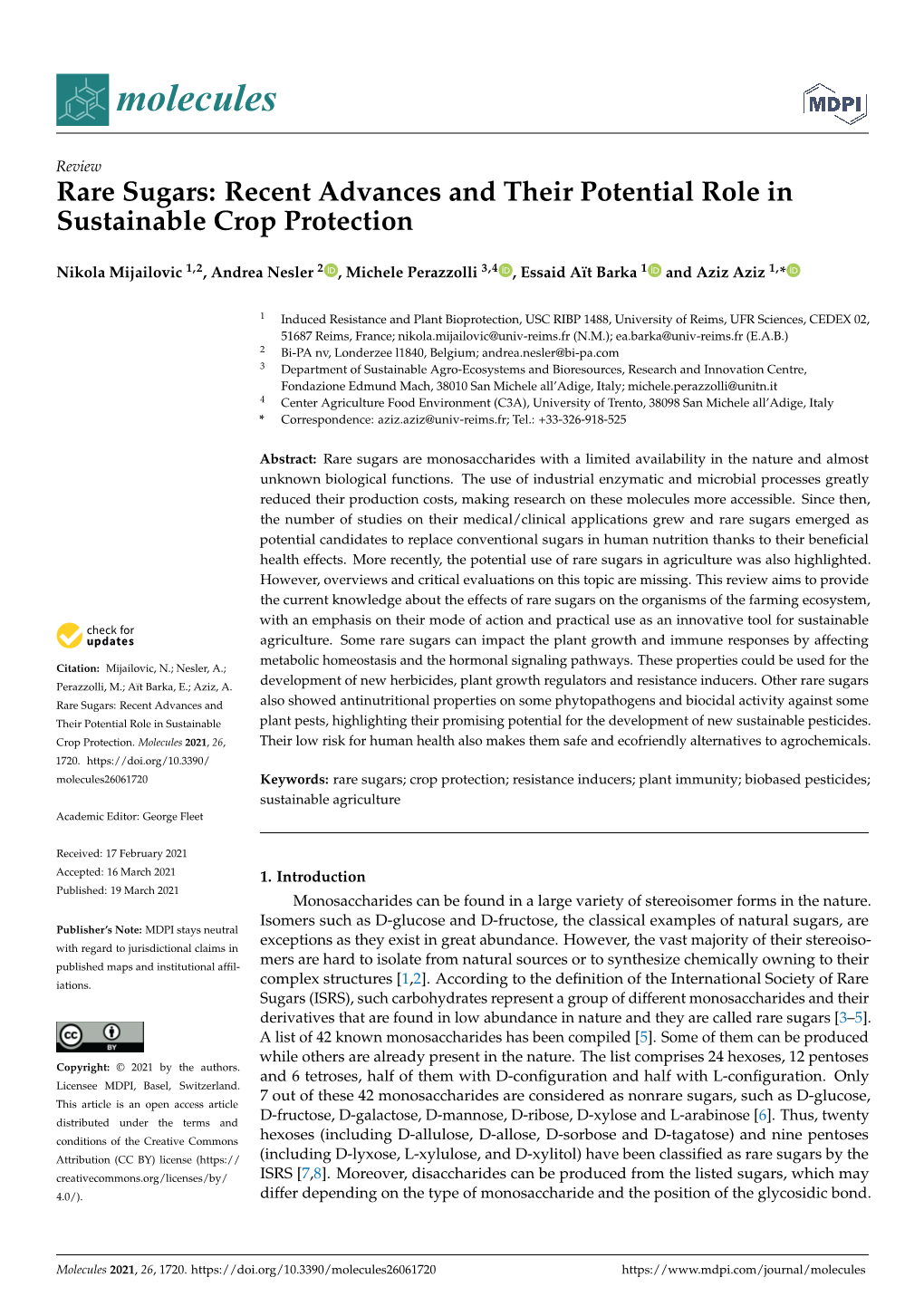 Rare Sugars: Recent Advances and Their Potential Role in Sustainable Crop Protection