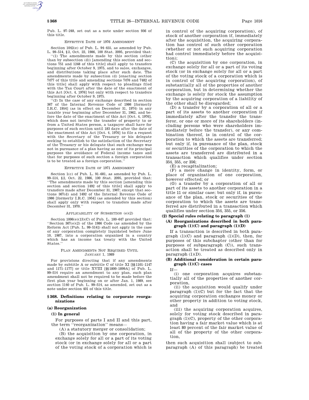 Page 1016 TITLE 26—INTERNAL REVENUE CODE § 368 §368