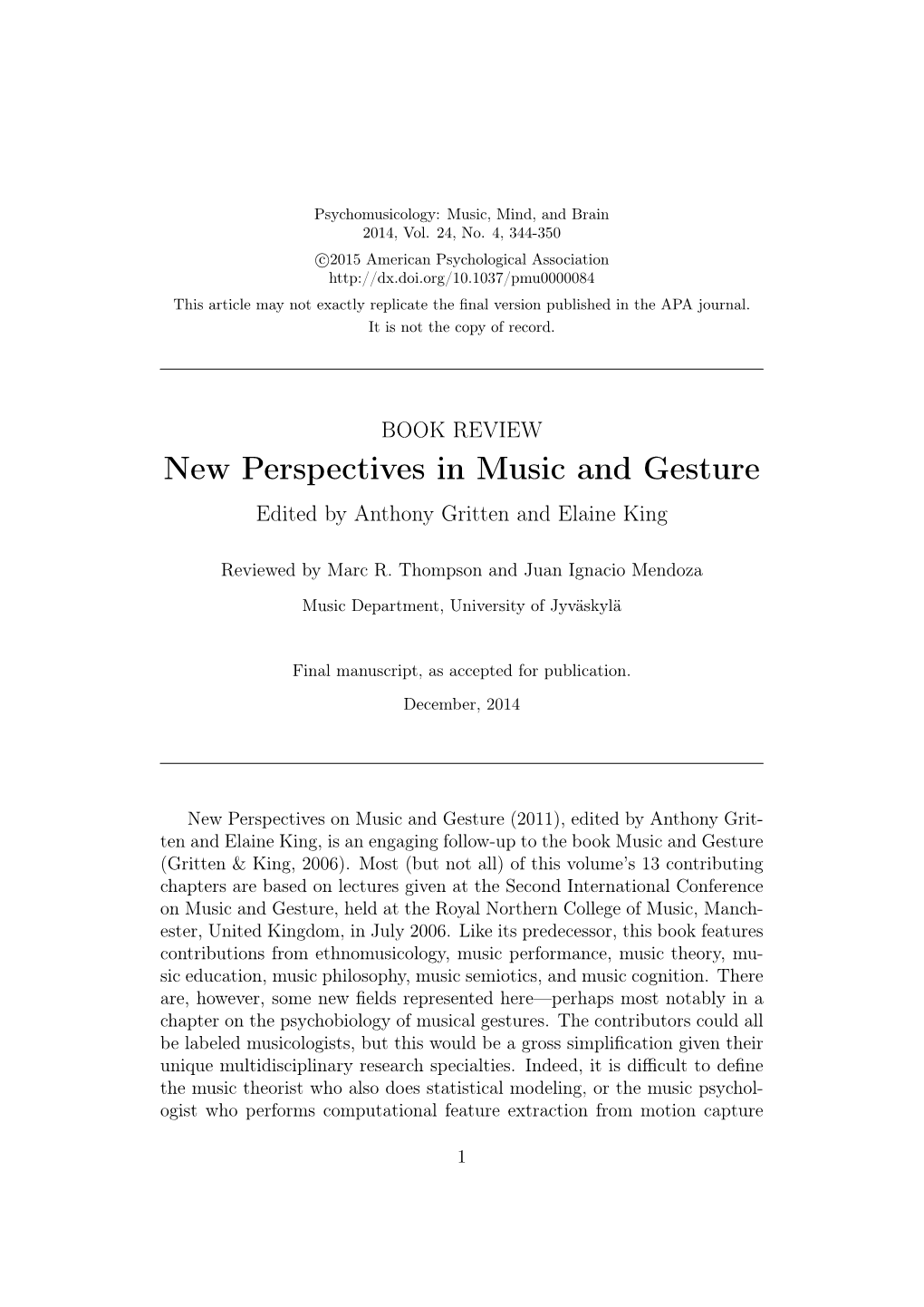 Review of New Perspectives in Music and Gesture