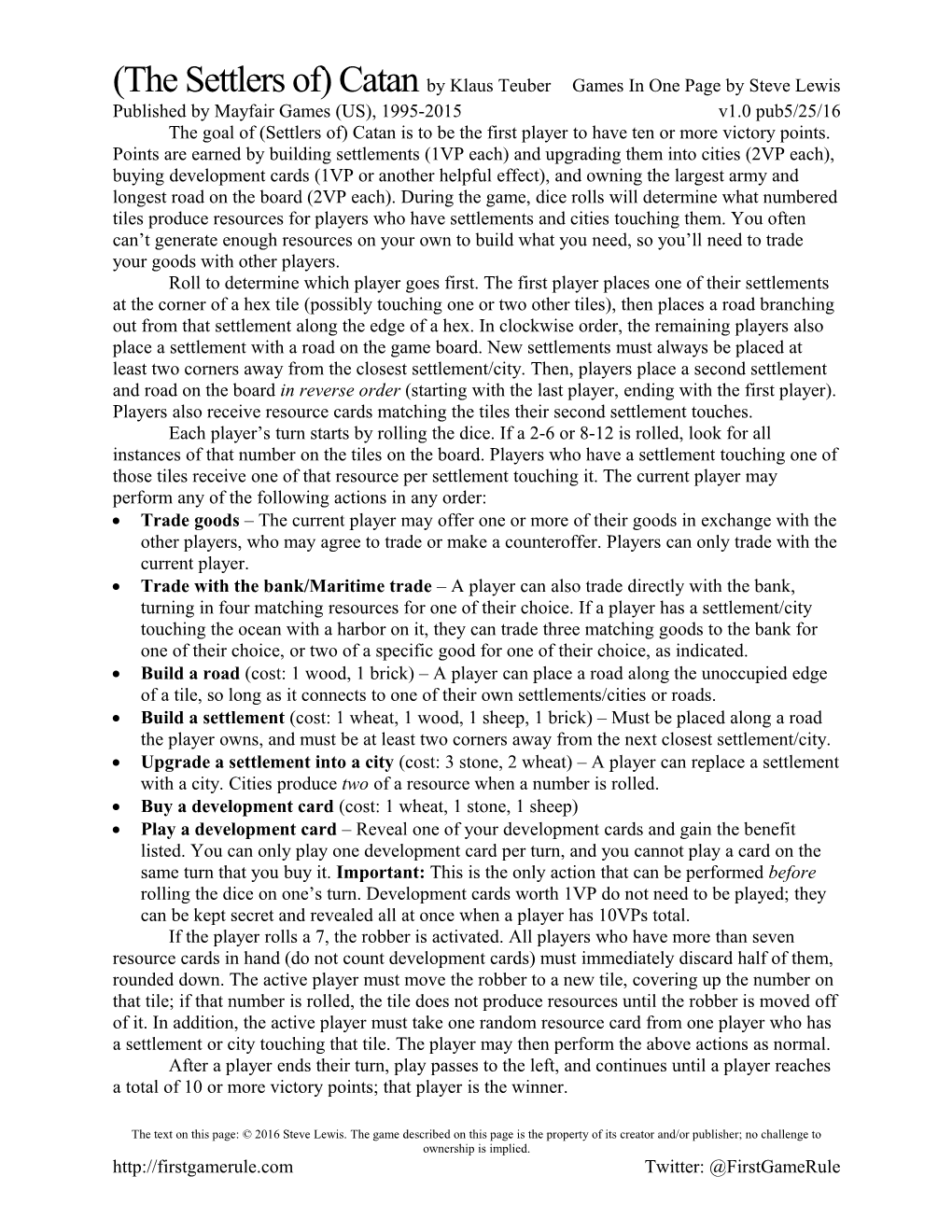 (The Settlers Of) Catan by Klaus Teuber Games in One Page by Steve Lewis