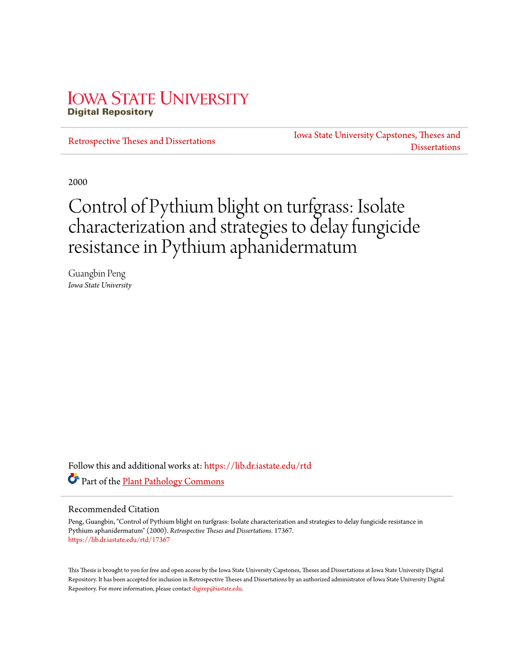 Control of Pythium Blight on Turfgrass: Isolate Characterization And
